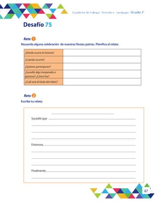 67
Cuaderno de trabajo - Período 3 - Lenguaje - 2° básicoCuaderno de trabajo - Período 4 - Lenguaje - Grado 3°
Escribe tu relato.
Sucedió que
Entonces,
Finalmente,
Recuerda alguna celebración de nuestras fiestas patrias. Planifica el relato.
¿Dónde ocurre la historia?
¿Cuándo ocurrió?
¿Quiénes participaron?
¿Sucedió algo inesperado o
gracioso? ¿Cómo fue?
¿Cuál será el título del relato?
Desafío 75
Reto 1
Reto 2
 