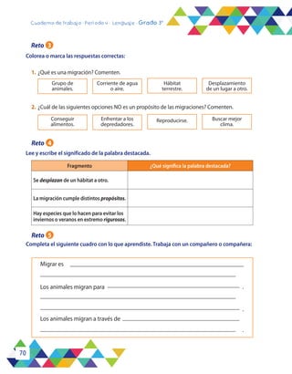 70
Cuaderno de trabajo - Período 4 - Lenguaje - Grado 3°
Colorea o marca las respuestas correctas:
Lee y escribe el significado de la palabra destacada.
Completa el siguiente cuadro con lo que aprendiste. Trabaja con un compañero o compañera:
1.	¿Qué es una migración? Comenten.
2.	¿Cuál de las siguientes opciones NO es un propósito de las migraciones? Comenten.
Grupo de
animales.
Conseguir
alimentos.
Corriente de agua
o aire.
Enfrentar a los
depredadores.
Hábitat
terrestre.
Reproducirse.
Desplazamiento
de un lugar a otro.
Buscar mejor
clima.
Fragmento ¿Qué significa la palabra destacada?
Se desplazan de un hábitat a otro.
La migración cumple distintos propósitos.
Hay especies que lo hacen para evitar los
inviernos o veranos en extremo rigurosos.
Migrar es
Los animales migran para
Los animales migran a través de
.
.
.
Reto 3
Reto 4
Reto 5
 