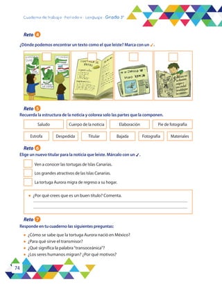 74
Cuaderno de trabajo - Período 4 - Lenguaje - Grado 3°
l	 ¿Cómo se sabe que la tortuga Aurora nació en México?
l	 ¿Para qué sirve el transmisor?
l	 ¿Qué significa la palabra“transoceánica”?
l	 ¿Los seres humanos migran? ¿Por qué motivos?
¿Dónde podemos encontrar un texto como el que leíste? Marca con un 4.
Recuerda la estructura de la noticia y colorea solo las partes que la componen.
Elige un nuevo titular para la noticia que leíste. Márcalo con un 4.
l	 ¿Por qué crees que es un buen título? Comenta.
Responde en tu cuaderno las siguientes preguntas:
Saludo
Estrofa BajadaDespedida FotografíaTitular Materiales
Pie de fotografíaElaboraciónCuerpo de la noticia
Ven a conocer las tortugas de Islas Canarias.
Los grandes atractivos de las Islas Canarias.
La tortuga Aurora migra de regreso a su hogar.
Reto 4
Reto 5
Reto 6
Reto 7
 