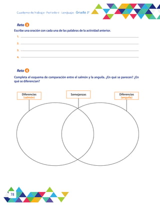 78
Cuaderno de trabajo - Período 4 - Lenguaje - Grado 3°
Escribe una oración con cada una de las palabras de la actividad anterior.
Completa el esquema de comparación entre el salmón y la anguila. ¿En qué se parecen? ¿En
qué se diferencian?
Diferencias
(salmón)
Diferencias
(anguila)
Semejanzas
1.
2.
3.
4.
Reto 3
Reto 4
 