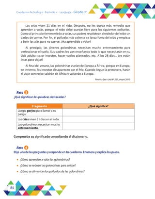 84
Cuaderno de trabajo - Período 4 - Lenguaje - Grado 3°
Las crías viven 21 días en el nido. Después, no les queda más remedio que
aprender a volar, porque el nido debe quedar libre para los siguientes polluelos.
Como al principio tienen miedo a volar, sus padres revolotean alrededor del nido sin
darles de comer. Por fin, el polluelo más valiente se lanza fuera del nido y empieza
a batir las alas para no caerse. ¡Ha aprendido a volar!
Al principio, las jóvenes golondrinas necesitan mucho entrenamiento para
perfeccionar el vuelo. Sus padres les van enseñando todo lo que necesitarán en su
vida adulta: cazar insectos, hacer vuelos planeados, etc. A los 28 días… ¡ya están
listas para viajar!
Al final del verano, las golondrinas vuelan de Europa a África, porque en Europa,
en invierno, los insectos desaparecen por el frío. Cuando llegue la primavera, harán
el viaje contrario: saldrán de África y volverán a Europa.
Revista Leo–Leo Nº 267, mayo 2010
¿Qué significan las palabras destacadas?
Comprueba su significado consultando el diccionario.
Elije una de las preguntas y responde en tu cuaderno. Enumera y explica los pasos.
Fragmento ¿Qué significa?
Luego, gorjea para llamar a su
pareja.
Las crías viven 21 días en el nido.
Las golondrinas necesitan mucho
entrenamiento.
l	 ¿Cómo aprenden a volar las golondrinas?
l	 ¿Cómo se reúnen las golondrinas para anidar?
l	 ¿Cómo se alimentan los polluelos de las golondrinas?
Reto 3
Reto 4
 