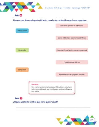 27
Cuaderno de trabajo - Período 3 - Lenguaje - Grado 5°
Introducción
Desarrollo
Conclusión
Resumen general de la historia.
Cierre del texto y recomendación final.
Presentación de la obra que se comentará.
Opinión sobre el libro.
Argumentos que apoyan la opinión.
Recuerda:
Para escribir un comentario sobre un libro, debes estructurar
tu texto considerando una introducción, un desarrollo y una
conclusión.
Reto 7
¿Alguna vez leíste un libro que no te gustó? ¿Cuál?
Reto 6
Une con una línea cada parte del texto con el o los contenidos que le corresponden.
 