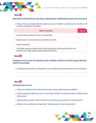 31
Cuaderno de trabajo - Período 3 - Lenguaje - Grado 5°
Comparte con tu curso el comentario que escribiste. Léelo en voz alta y luego discutan
sobre lo escuchado.
Comenta con tu curso:
•	 ¿Estaban de acuerdo tus compañeros con la opinión que expresaste en el comentario?
•	 ¿Cómo se realizaron las intervenciones para opinar sobre lo que escribiste?
•	 ¿Hubo opiniones diferentes en tu curso sobre el libro? ¿A qué crees que se deben estas
diferencias?
•	 ¿Qué puedes concluir sobre los libros y los efectos que producen en las personas?
•	 Explica con tus palabras la expresión:“Sobre gustos no hay nada escrito”.
•	 Edita el texto, considerando los aspectos que se detallan a continuación. Escribe un X
cuando completes cada labor:
Edición del texto Listo X
Destaca el título, utilizando colores o subrayándolo.
Registra quién es el comentarista, escribiendo tu nombre.
Separa los párrafos.
Si lo deseas, agrega un dibujo alusivo al libro (la portada, el personaje principal o una
ilustración que refleje alguna acción importante del libro)
Reescribe el comentario en una hoja, realizando las modificaciones que sean necesarias.
Reto 3
Reto 4
Reto 5
 