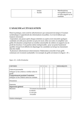 temps.
- Ecoute
- Manifestations
susceptibles d’avoir
un effet négatif sur le
candidat
L’ANALYSE et L’EVALUATION
Dans la pratique, rares sont les sélectionneurs qui consacrent du temps à l’examen
systématique et approfondi des informations recueillies. Ce n’est d’ailleurs pas
toujours nécessaire.
Cependant, une pause après chaque entretien ou après avoir rencontré quelques
candidats est utile pour prendre un peu de recul, relire ses notes et compléter une
grille d’évaluation comportant un nombre raisonnable de critères en rapport avec le
profil de fonction. C’est parfois même indispensable : pour un poste hautement
qualifié, lorsqu’il est difficile de départager les candidats ou lorsqu’un classement
doit être établi.
Si plusieurs sélectionneurs interviennent, l’élaboration concertée d’une grille
commune est vivement souhaitable. Un exemple de grille est donné à la figure « II ».
Figure « II » : Grille d’évaluation
CRITERES ++ + +/- - - - REMARQUES
Critères de personnalité
Indiquer ici les critères à vérifier selon le
profil
Comportement pendant l’entretien.
Indiquer ici les critères selon les constats
Présentation
Expression
Impression général
Décision Vivement recommandé.
A retenir.
A voir par
A écarter
Autres remarques
 