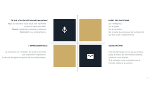 13
L’IMPRESSION FINALE
Qui, du recruteur ou de vous, doit reprendre
contact et dans quel délai.
Quand l’employeur prendra sa décision
Comment vous serez prévenu
La conclusion de l’entretien est aussi importante
que la première impression.
Evitez de souligner les points de non-concordance.
POSEZ DES QUESTIONS
Sur l’entreprise.
Sur le poste.
Sur le recruteur.
Sur la suite du processus de recrutement.
Sur tout sujet complémentaire.
SACHEZ PARTIR
Une fois l’échange conclu et que chaque
partie a obtenu les informations ciblées,
inutile de vous attarder.
Si le recruteur vous a serré la main à
l’arrivée, faites-le en partant.
CE QUE VOUS DEVEZ SAVOIR EN PARTANT
 