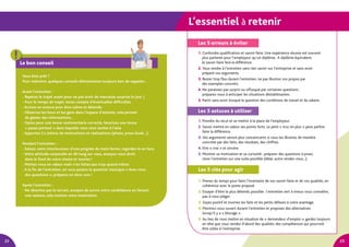 2222 2323
L’essentiel à retenir
Les 5 erreurs à éviter
Les 5 astuces à utiliser
1.	Prendre du recul et se mettre à la place de l’employeur.
2.	Savoir mettre en valeur ses points forts. Le petit « truc en plus » peut parfois
faire la différence.
3.	Vos arguments seront plus convaincants si vous les illustrez de manière
concrète par des faits, des résultats, des chiffres.
4.	Etre « vrai » et sincère.
5.	Montrer sa motivation et sa curiosité : préparer des questions à poser,
clore l’entretien sur une suite possible (délai, autre rendez-vous...).
1.	Confondre qualification et savoir-faire. Une expérience réussie est souvent
plus parlante pour l’employeur qu’un diplôme. A diplôme équivalent,
le savoir-faire fera la différence.
2.	Vous rendre à l’entretien sans rien savoir sur l’entreprise et sans avoir
préparé vos arguments.
3.	Rester trop flou durant l’entretien, ne pas illustrer vos propos par
des exemples concrets.
4.	Ne paraissez pas surpris ou offusqué par certaines questions :
préparez-vous à anticiper les situations déstabilisantes.
5.	Partir sans avoir évoqué la question des conditions de travail et du salaire.
Les 5 clés pour agir
1.	Prenez du temps pour faire l’inventaire de vos savoir-faire et de vos qualités, en
cohérence avec le poste proposé.
2.	Essayer d’être le plus détendu possible : l’entretien sert à mieux vous connaître,
pas à vous piéger.
3.	Soyez positif et tournez les faits et les petits défauts à votre avantage.
4.	Montrez-vous ouvert durant l’entretien et proposez des alternatives
lorsqu’il y a « blocage ».
5.	Au lieu de vous mettre en situation de « demandeur d’emploi », gardez toujours
en tête que vous vendez d’abord des qualités, des compétences qui pourront
être utiles à l’entreprise.
Le bon conseil
Vous êtes prêt ?
Pour mémoire, quelques conseils élémentaires toujours bon de rappeler…
Avant l’entretien :
- Repérez le trajet avant pour ne pas avoir de mauvaise surprise le jour J
- Pour le temps de trajet, tenez compte d’éventuelles difficultés
- Arrivez en avance pour être calme et détendu
- Observez les lieux et les gens dans l’espace d’attente, cela permet
de glaner des informations…
- Optez pour une tenue vestimentaire correcte, favorisez une tenue
« passe partout » dans laquelle vous vous sentez à l’aise
- Apportez Cv, lettres de motivations et réalisations (photo, press-book…).
Pendant l’entretien :
- Saluez votre interlocuteur d’une poignée de main ferme, regardez-le en face.
- Votre attitude corporelle en dit long sur vous, asseyez-vous droit,
dans le fond de votre chaise et souriez !
- Mettez-vous en valeur mais n’en faites pas trop quand même.
- A la fin de l’entretien, on vous posera la question classique « Avez-vous
des questions », préparez en donc une !
Après l’entretien :
- Ne désertez pas le terrain, essayez de suivre votre candidature en faisant
une relance, cela montre votre motivation.
 