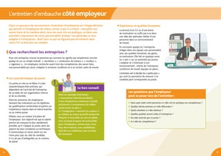 4 5
	Les caractéristiques du poste
Un poste se crée ou se libère. Il a des
caractéristiques bien précises, qui
dépendent de l’activité de l’entreprise,
de sa taille, de son organisation interne
et de sa clientèle.
Dans les annonces, les employeurs
donnent des indications sur les diplômes,
les qualifications recherchées et parfois sur
l’expérience requise dans la même branche
ou au même poste.
Mettez-vous un instant à la place de
l’employeur. Son objectif est que le salarié
prenne ses marques le plus rapidement
possible, qu’il s’adapte au poste, dans ses
aspects les plus complexes ou techniques.
Il communique en toute clarté sur ses
choix pour que, du côté du candidat,
il n’y ait pas d’ambiguïtés sur le contenu
du poste.
Pour une entreprise, trouver la personne qui convient ne signifie pas simplement recruter
quelqu’un sur un simple intitulé : « secrétaire », « conducteur de travaux », « vendeur »,
« ingénieur »... Un employeur recherche avant tout des compétences, des savoir-faire,
une personnalité qui saura s’adapter à certaines conditions et à un certain cadre de travail.
Dans un parcours de recrutement, l’entretien d’embauche est l’étape décisive
qui permet à l’employeur de mieux cerner à qui il a à faire : connaître vos
savoir-faire et la manière dont vous les avez mis en pratique, se faire une
première impression de votre personnalité, évaluer vos aptitudes à vous
adapter à l’entreprise... Bref, tout ce qui ne figurait pas forcément dans
votre CV va être pris en compte.
Que recherchent les entreprises ?
La lecture d’un CV ou d’une lettre
de motivation ne suffit pas à se faire
une idée des aptitudes réelles d’une
personne dans un environnement
de travail.
En recrutant quelqu’un, l’entreprise
intègre dans son équipe une personnalité
avec ses qualités humaines, ses goûts,
sa motivation. Elle fait en quelque sorte
un « pari » sur un potentiel qui puisse
s’adapter et s’intéresser à son
environnement : clients de l’entreprise,
conditions de travail, équipes en place...
L’entretien sert à déceler les « petits plus »
qui vont lui permettre de mesurer si le
candidat peut correspondre au poste.
	Expérience et qualités humaines
Le bon conseil
Voici un exemple d’annonce :
« Association cherche secrétaire.
2 ans d’expérience minimum. Grande
autonomie. Connaissance du milieu
social serait un plus ».
Ici, l’employeur « annonce la couleur »
en ciblant au mieux le profil recherché.
Mesurer si vous êtes ou non en phase
avec le poste proposé est primordial,
pour l’employeur comme pour vous.
Pour être retenue, une candidature
doit être en cohérence avec le texte
de l’annonce.
Les questions que l’employeur
peut se poser lors de l’entretien :
●	 Dans quel cadre cette personne a-t-elle mis en pratique ses compétences ?
●	 Quelles tâches précises a-t-elle effectuées ?
●	 Quels résultats a-t-elle obtenus ?
●	 Quelles qualités seront utiles à l’entreprise ?
●	 Est-elle motivée par ce poste ?
●	 A-t-elle les compétences ?
c a n d i d a t u r e s
L’entretien d’embauche côté employeur
 