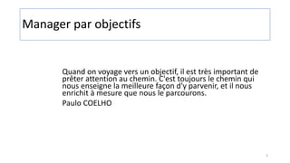 Manager par objectifs
3
Quand on voyage vers un objectif, il est très important de
prêter attention au chemin. C'est toujours le chemin qui
nous enseigne la meilleure façon d'y parvenir, et il nous
enrichit à mesure que nous le parcourons.
Paulo COELHO
 