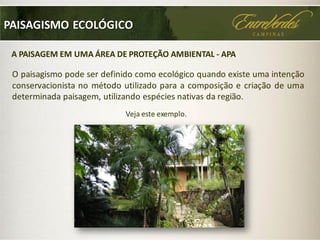 PAISAGISMO ECOLÓGICO
O paisagismo pode ser definido como ecológico quando existe uma intenção
conservacionista no método utilizado para a composição e criação de uma
determinada paisagem, utilizando espécies nativas da região.
A PAISAGEM EM UMA ÁREA DE PROTEÇÃO AMBIENTAL - APA
Veja este exemplo.
 