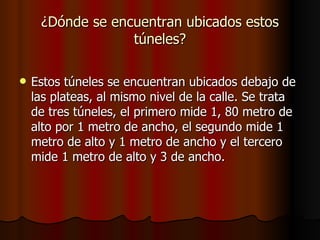 ¿Dónde se encuentran ubicados estos túneles? Estos túneles se encuentran ubicados debajo de las plateas, al mismo nivel de la calle. Se trata de tres túneles, el primero mide 1, 80 metro de alto por 1 metro de ancho, el segundo mide 1 metro de alto y 1 metro de ancho y el tercero mide 1 metro de alto y 3 de ancho. 