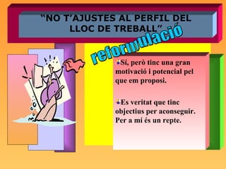“ NO T’AJUSTES AL PERFIL DEL LLOC DE TREBALL” Sí, però tinc una gran motivació i potencial pel que em proposi. Es veritat que tinc objectius per aconseguir.  Per a mí és un repte. reformulació 