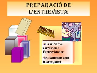 PREPARACIÓ DE L’ENTREVISTA DIRIGIDA La iniciativa correspon a l’entrevistador Es semblant a un interrogatori 