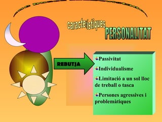 característiques Passivitat Individualisme Limitació a un sol lloc de treball o tasca Persones agressives i problemàtiques Que busca l'entrevistador PERSONALITAT REBUTJA 