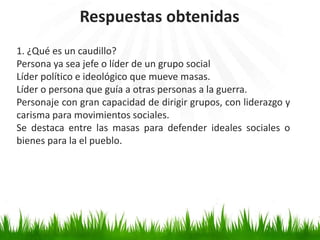 Respuestas obtenidas
1. ¿Qué es un caudillo?
Persona ya sea jefe o líder de un grupo social
Líder político e ideológico que mueve masas.
Líder o persona que guía a otras personas a la guerra.
Personaje con gran capacidad de dirigir grupos, con liderazgo y
carisma para movimientos sociales.
Se destaca entre las masas para defender ideales sociales o
bienes para la el pueblo.
 