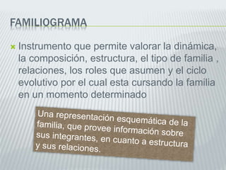 FAMILIOGRAMA
 Instrumento que permite valorar la dinámica,
la composición, estructura, el tipo de familia ,
relaciones, los roles que asumen y el ciclo
evolutivo por el cual esta cursando la familia
en un momento determinado
 