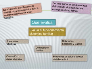 Evalúa el funcionamiento
sistémico familiar
Composición
familiar
Problemas de salud o causas
de fallecimiento
Relaciones
biológicas y legales
Relaciones
afectivas
Ocupación o
datos laborales
Que evalúa
 