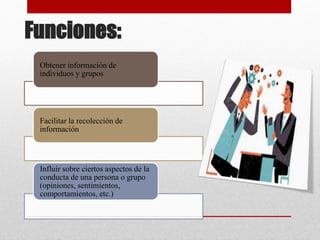 Funciones:
Obtener información de
individuos y grupos
Facilitar la recolección de
información
Influir sobre ciertos aspectos de la
conducta de una persona o grupo
(opiniones, sentimientos,
comportamientos, etc.)
 