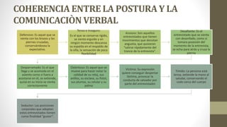 COHERENCIA ENTRE LA POSTURA Y LA
COMUNICACIÒN VERBAL
Defensivo: Es aquel que se
sienta con los brazos y las
piernas cruzadas,
conservándosea la
expectativa.
Tenso e inseguro:
Es el que se conserva rígido,
se sienta erguido y en
ningún momento descansa
su espalda en el respaldo de
la silla, la sensación de poca
flexibilidad
Ansioso: Son aquellos
entrevistados que tienen
movimientos que denotan
angustia, que quisieran
“salirse rápidamente del
trance de la entrevista”.
Desafiante: Es el
entrevistado que se sienta
con desenfado, como si
tomara posesión del
momento de la entrevista,
se echa para atrás y cruza la
pierna
Desparramado: Es el que
llega y se acomoda en el
asiento como si fuera a
acostarse en él, se extiende,
quizá en su inicio se sienta
correctamente
Ostentoso: Es aquel que se
mueve para hacer notar la
calidad de su reloj, sus
anillos, su esclava, su fistol,
sus plumas, su celular y su
palma
Víctima: Su expresión
quiere conseguir despertar
lástima, provocar la
conducta de salvador por
parte del entrevistador
Tímido: La persona está
tensa, extiende la mano al
saludar, conservando el
codo cerca del cuerpo
Seductor: Las posiciones
corporales que adoptan
estos entrevistados tienen
como finalidad “gustar”.
 