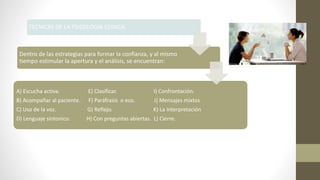 TECNICAS DE LA PSICOLOGIA CLINICA.
Dentro de las estrategias para formar la confianza, y al mismo
tiempo estimular la apertura y el análisis, se encuentran:
A) Escucha activa. E) Clasificar. I) Confrontación.
B) Acompañar al paciente. F) Paráfrasis o eco. J) Mensajes mixtos
C) Uso de la voz. G) Reflejo. K) La Interpretación
D) Lenguaje sintonico. H) Con preguntas abiertas. L) Cierre.
 
