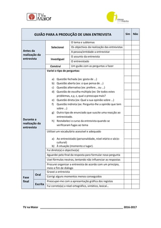 TV na Maior ________________________________________________________ 2016-2017
GUIÃO PARA A PRODUÇÃO DE UMA ENTREVISTA Sim Não
Antes da
realização da
entrevista
Selecionei
O tema e subtemas
Os objectivos da realização das entrevistas
A pessoa/entidade a entrevistar
Investiguei
O assunto da entrevista
O entrevistado
Construí Um guião com as perguntas a fazer
Durante a
realização da
entrevista
Variei o tipo de perguntas:
a) Questão fechada (ex: gosta de …)
b) Questão aberta (ex: o que pensa de …)
c) Questão alternativa (ex: prefere… ou …)
d) Questão de escolha múltipla (ex: De todos estes
problemas, x,y, z, qual o preocupa mais?
e) Questão direta (ex: Qual a sua opinião sobre …)
f) Questão indireta (ex: Pergunto-lhe a opinião que tem
sobre …)
g) Outro tipo de enunciado que suscite uma reacção ao
entrevistado.
h) Restabeleci o curso da entrevista quando se
verificaram fugas ao tema
Utilizei um vocabulário acessível e adequado
a) Ao entrevistado (personalidade, nível etário e sócio-
cultural)
b) À situação (momento e lugar).
Fui direto(a) e objectivo(a)
Aguardei pelo final da resposta para formular nova pergunta
Usei fórmulas neutras, tentando não influenciar as respostas
Procurei organizar a entrevista de acordo com um princípio,
meio e fim de diálogo
Fase
final
Oral
Gravei a entrevista
Corrigi alguns momentos menos conseguidos
Escrita
Preocupei-me com a apresentação gráfica dos registos
Fui correto(a) a nível ortográfico, sintático, lexical…
 