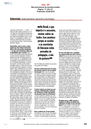 Veja - SP
                         Não precisamos de escolas-modelo
                                Página: 17, 20 e 21
                               Publicado: 22-08-2012




23:07:25   Reproduzido conforme o original, com informações e opiniões de responsabilidade do veículo.   002
 