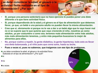 ¿se debe considerar la edad, el género o la
actividad física realizada en el tipo de
alimentación? ¿Por qué?
• Sí, porque una persona sedentaria que no hace ejercicio le puedes poner una dieta
diferente a la que tiene actividad física.
• Sí, porque dependiendo de la edad y el género es el tipo de alimentación que debemos
llevar, ya que, un bebé o una persona adulta no pueden llevar la misma alimentación.
• Creo que sí, obviamente si porque no le vas a dar a un bebé algo que le vaya hacer mal
no si se supone que lo que quieres que vaya creciendo el niño, nosotros ya como
adultos, ya por costumbre o como sea, tenemos mala alimentación entre más adultos,
más mala alimentación tenemos, y entre más pequeños buscamos lo mejor de
alimentos para ellos.
• No, porque vuelvo a repetir, la gente diabética, la gente hipertensa, todo esto es llevar
una dieta balanceada, y el niño pues que coma sano, hasta su leche.
• Pues a veces sí, pues no sabemos, que traigamos con ese tipo de problemas.
60%20%
20%
¿se debe considerar la edad, el género o la actividad física
realizada en el tipo de alimentación? ¿Por qué?
si
no
a veces
 