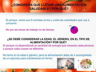 Si porque come sus 5 comidas al día y cuido las cantidades que voy a
consumir.
No por las horas de trabajo no da tiempo.
¿CONSIDERA QUE LLEVAR UNA ALIMENTACIÓN
SALUDABLE? POR QUÉ?
¿SE DEBE CONSIDERAR LA EDAD, EL GÉNERO, EN EL TIPO DE
ALIMENTACIÓN? POR QUÉ?
Si porque va dependiendo la cantidad de energía que necesita cada persona
y porque cada cuerpo es diferente.
No tanto en la edad o género, pero la alimentación debe de ir acompañada
de un ejercicio para mantenerse en forma.
80%
20%
 