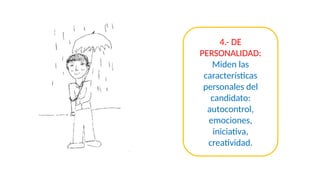 4.- DE
PERSONALIDAD:
Miden las
características
personales del
candidato:
autocontrol,
emociones,
iniciativa,
creatividad.
 
