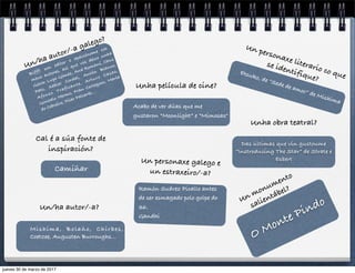 O Monte PindoUn monumento
salientábel?
Bifff: son editor e apaixónome cos
meus autores, así que vos deixo unha
ristra: Lupe Gómez, Ana Romaní, Chus
Pato, Xabier Cordal, Antón Blanco,
Afonso Traficante, Arturo Casas,
Gonzalo Hermo, Fran Cortegoso, María
do Cebreiro, Pilar Pallarés...
Un/ha autor/-a galego?
Un personaxe galego e
un estraxeiro/-a?
Etsuko, de “Sede de amor” de Mishima
Un personaxe literario co que
se identifique?
Camiñar
Cal é a súa fonte de
inspiración?
Acabo de ver dúas que me
gustaron “Moonlight” e “Mimosas"
Unha película de cine?
Unha obra teatral?
Das últimas que vin gustoume
“Instroducing The Star” de Strate e
Esbert
Mishima, Bolaño, Chirbes,
Coetzee, Augusten Burroughs...
Un/ha autor/-a?
Ramón Suárez Picallo antes
de ser esmagado polo golpe do
36.
Gandhi
jueves 30 de marzo de 2017
 