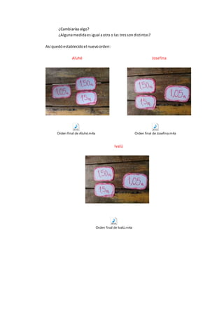 ¿Cambiaríasalgo?
¿Algunamedidaesigual aotra o las tressondistintas?
Así quedóestablecidoel nuevoorden:
Aluhé Josefina
Orden final de Aluhé.m4a Orden final de Josefina.m4a
Ivalú
Orden final de Ivalú.m4a
 