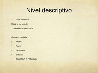 Nivel descriptivo
Evitar inferencias
“Usted ya me entiede”
“Ya sabe lo que quiero decir”
Informacion recibida
 Repetir
 Reunir
 Parafrasear
 Sintetizar
 CORREGIR O PRECISAR
 