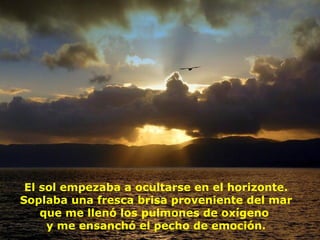 El sol empezaba a ocultarse en el horizonte. Soplaba una fresca brisa proveniente del mar que me llenó los pulmones de oxígeno  y me ensanchó el pecho de emoción. 