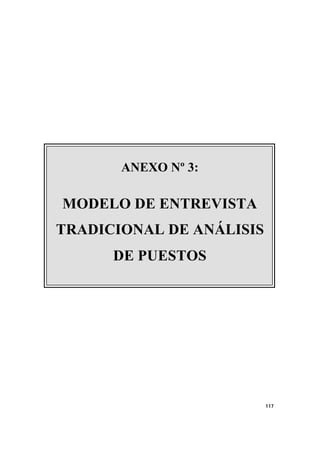 117 
ANEXO Nº 3: 
MODELO DE ENTREVISTA 
TRADICIONAL DE ANÁLISIS 
DE PUESTOS 
 