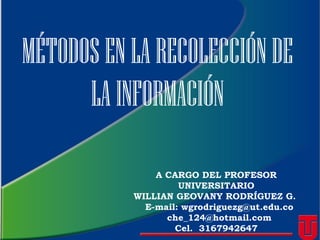 MÉTODOSENLARECOLECCIÓNDE
LAINFORMACIÓN
WILLIAN GEOVANY RODRÍGUEZ
GUTIÉRREZ
PROFESOR UNIVERSITARIO
MAGÍSTER EN EDUCACIÓN
ESPECIALISTA EN PEDAGOGÍA
LICENCIADO EN LENGUA
CASTELLANA
E-mail: wgrodriguezg@ut.edu.co
 