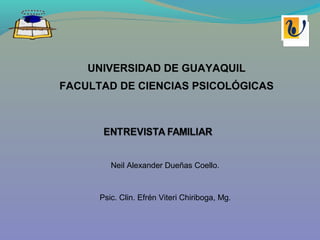 UNIVERSIDAD DE GUAYAQUIL
FACULTAD DE CIENCIAS PSICOLÓGICAS
Psic. Clin. Efrén Viteri Chiriboga, Mg.
Neil Alexander Dueñas Coello.
 