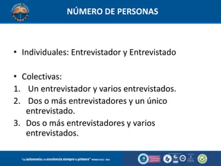 NÚMERO DE PERSONAS

• Individuales: Entrevistador y Entrevistado
• Colectivas:
1. Un entrevistador y varios entrevistados.
2. Dos o más entrevistadores y un único
entrevistado.
3. Dos o más entrevistadores y varios
entrevistados.

 