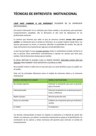 TÉCNICAS DE ENTREVISTA MOTIVACIONAL
¿QUÉ HACE CAMBIAR A LAS PERSONAS? (FILOSOFÍA DE LA ENTREVISTA
MOTIVACIONAL)
Una buena información no es suficiente para hacer cambiar a las personas, para promover
comportamientos saludables, ello lo demuestra el alto nivel de tabaquismo en los
profesionales sanitarios.
Lo primero que tenemos que saber es que las personas cambian porque ellas quieren
cambiar. La motivación para el cambio es intrínseca, no se puede imponer desde fuera. Las
técnicas persuasivas no sirven, al contrario, dificultan la posibilidad de cambio. No vale de
nada confrontarse con el paciente por algo que no está decidido hacer.
Lo que hay que lograr es que el propio paciente analice su ambivalencia (estado mental en el
que la persona tiene sentimientos contradictorios) y exprese las razones que tiene para
cambiar. Esto lo llamaremos motivar para el cambio.
ES DECIR, MOTIVAR ES AYUDAR A QUE EL PROPIO PACIENTE DESCUBRA CUALES SON SUS
RAZONES PARA CAMBIAR Y ESTE DISPUESTO A LLEVARLAS A CABO.
No es posible motivar a nadie sino ve muy claro que va a sacar beneficio y que va a poder con
el cambio.
Estas son las principales diferencias entre el modelo de entrevista clásico y la entrevista
motivacional.
MODELO INFORMATIVO CLÁSICO

MODELO MOTIVACIONAL

Da consejos expertos.

Estimular la motivación para que el paciente
pase a la acción.

Intenta persuadir.

Posiciona al paciente en un punto para que le
invite a reflexionar.

Repite consejos.

Resume puntos de vista.

Actúa con autoridad.

Colabora con el paciente para que él decida el
cambio.

Es rápido.

Es progresivo.

Las técnicas motivacionales se basan en respetar la autonomía y la libertad de opción del
cliente, sus creencias y sus valores. La entrevista motivacional se apoya en la identificación y la
movilización de los valores y metas intrínsecas del paciente para estimular el cambio de
comportamiento.

 