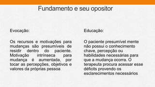 Fundamento e seu opositor
Evocação:
Os recursos e motivações para
mudanças são presumíveis de
residir dentro do paciente.
Motivação intrínseca para
mudança é aumentada, por
tocar as percepções, objetivos e
valores da próprias pessoa
Educação:
O paciente presumível mente
não possui o conhecimento
chave, percepção ou
habilidades necessárias para
que a mudança ocorra. O
terapeuta procura acessar esse
déficits provendo os
esclarecimentos necessários
 