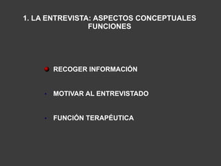 1. LA ENTREVISTA: ASPECTOS CONCEPTUALES
                FUNCIONES




        RECOGER INFORMACIÓN


    •   MOTIVAR AL ENTREVISTADO


    •   FUNCIÓN TERAPÉUTICA
 