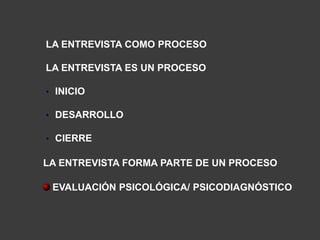 LA ENTREVISTA COMO PROCESO

LA ENTREVISTA ES UN PROCESO

• INICIO

• DESARROLLO

• CIERRE

LA ENTREVISTA FORMA PARTE DE UN PROCESO

 EVALUACIÓN PSICOLÓGICA/ PSICODIAGNÓSTICO
 