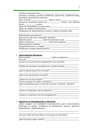 2


  Período perinatal: Parto: _______________________________________
  (normal), (anoxia), (cordón umbilical), (placenta), (malformación),
  (ictericia), (preclancia materna).
  Peso al nacer: _________________ talla al nacer: __________________
  Lactancia maternal hasta los _____________ meses, con biberón
  hasta ____________ meses.
  Tipos de semisólidos introducidos: ______________________________
  Tipos de sólidos introducidos: __________________________________
  Problemas de alimentación al nacer y hasta el primer año:
  ________________________________________________________________
  Dificultades para dormir: _______________________________________
  Reacciones del niño: tranquilo, inquieto.
  Edad de gateo: __________ edad de ponerse en pie: _______________
  Edad al caminar: ______________ Inicio del lenguaje: _____________
  Enfermedades médicas: ________________________________________
  Hospitalizaciones y cirugías: ____________________________________
  Problemas visoperceptivomotores: _______________________________
  ________________________________________________________________

2. Antecedentes Escolares:
   Nivel escolar: _____________________ Índice académico: ___________
   Escuela: _______________________________________________________
   ¿Cómo fue el proceso de adaptación a la escuela?:
   ________________________________________________________________
   Problemas escolares (académicos), (conductuales): _____________
   ________________________________________________________________
   ¿Qué le gusta mas de la escuela?: ______________________________
   ________________________________________________________________
   ¿Qué no le gusta de la escuela?: ________________________________
   ________________________________________________________________
   ¿Cómo es con las tareas?: ______________________________________
   ¿Cómo maneja los útiles escolares?: ____________________________
   ¿Qué problemas posee a nivel de lectura, escritura, cálculo?:
   ________________________________________________________________
   ________________________________________________________________
   ¿Cómo se relaciona con la maestra?: ____________________________
   ________________________________________________________________
   ¿Cómo se relaciona con los compañeros?: _______________________
   ________________________________________________________________

3. Aspectos de Socialización y afectivos:
   ¿Hace amigos con facilidad? (comunicativo, poco comunicativo,
   participa en grupo, tendencia al aislamiento, pasivo, agresivo,
   dependiente, independiente).
   ________________________________________________________________
   ________________________________________________________________
   ¿De que edad son los niños con los que se relaciona?
   ________________________________________________________________
   ¿Qué tipo de juegos realiza? ____________________________________
 