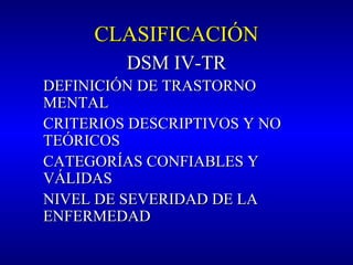 CLASIFICACIÓNCLASIFICACIÓN
DSM IVDSM IV-TR-TR
DEFINICIÓN DE TRASTORNODEFINICIÓN DE TRASTORNO
MENTALMENTAL
CRITERIOS DESCRIPTIVOS Y NOCRITERIOS DESCRIPTIVOS Y NO
TEÓRICOSTEÓRICOS
CATEGORÍAS CONFIABLES YCATEGORÍAS CONFIABLES Y
VÁLIDASVÁLIDAS
NIVEL DE SEVERIDAD DE LANIVEL DE SEVERIDAD DE LA
ENFERMEDADENFERMEDAD
 