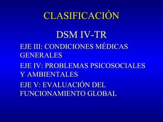 CLASIFICACIÓNCLASIFICACIÓN
DSM IVDSM IV-TR-TR
EJE III: CONDICIONES MÉDICASEJE III: CONDICIONES MÉDICAS
GENERALESGENERALES
EJE IV: PROBLEMAS PSICOSOCIALESEJE IV: PROBLEMAS PSICOSOCIALES
Y AMBIENTALESY AMBIENTALES
EJE V: EVALUACIÓN DELEJE V: EVALUACIÓN DEL
FUNCIONAMIENTO GLOBALFUNCIONAMIENTO GLOBAL
 
