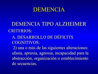 DEMENCIADEMENCIA
DEMENCIA TIPO ALZHEIMERDEMENCIA TIPO ALZHEIMER
CRITERIOS:CRITERIOS:
A. DESARROLLO DE DÉFICITSA. DESARROLLO DE DÉFICITS
COGNITIVOS:COGNITIVOS:
2) una o más de las siguientes alteraciones:2) una o más de las siguientes alteraciones:
afasia, apraxia, agnosia, incapacidad para laafasia, apraxia, agnosia, incapacidad para la
abstracción, organización o establecimientoabstracción, organización o establecimiento
de secuencias.de secuencias.
 