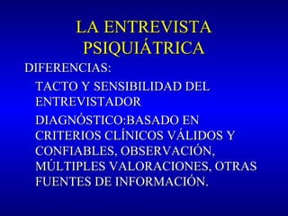 LA ENTREVISTALA ENTREVISTA
PSIQUIÁTRICAPSIQUIÁTRICA
DIFERENCIAS:DIFERENCIAS:
TACTO Y SENSIBILIDAD DELTACTO Y SENSIBILIDAD DEL
ENTREVISTADORENTREVISTADOR
DIAGNÓSTICO:BASADO ENDIAGNÓSTICO:BASADO EN
CRITERIOS CLÍNICOS VÁLIDOS YCRITERIOS CLÍNICOS VÁLIDOS Y
CONFIABLES, OBSERVACIÓN,CONFIABLES, OBSERVACIÓN,
MÚLTIPLES VALORACIONES, OTRASMÚLTIPLES VALORACIONES, OTRAS
FUENTES DE INFORMACIÓN.FUENTES DE INFORMACIÓN.
 