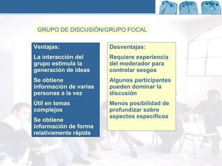 Ventajas: La interacción del grupo estimula la generación de ideas Se obtiene información de varias personas a la vez Útil en temas complejos Se obtiene información de forma relativamente rápida Desventajas: Requiere experiencia del moderador para controlar sesgos Algunos participantes pueden dominar la discusión Menos posibilidad de profundizar sobre aspectos específicos GRUPO DE DISCUSIÓN/GRUPO FOCAL 