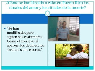 “Se han modificado, pero siguen sus costumbres. Como el acortejar al apareja, los detalles, las serenatas entre otros.”¿Cómo se han llevado a cabo en Puerto Rico los rituales del amor y los rituales de la muerte?