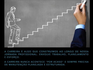 A C A R R E I R A É A L G O Q U E C O N S T R U Í M O S A O L O N G O D E N O S S A
J O R N A D A P R O F I S S I O N A L . E N V O LV E T R A B A L H O , P L A N E J A M E N T O
E E S F O R Ç O .
A C A R R E I R A N U N C A A C O N T E C E " P O R A C A S O " E S E M P R E P R E C I S A
D E M A N U T E N Ç Ã O P L A N E J A D A E E S T R U T U R A D A .
PA R E E
P E N S E !
 