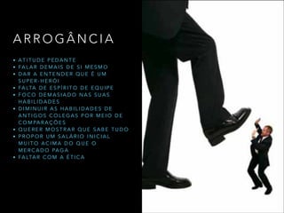A R R O G Â N C I A
• A T I T U D E P E D A N T E
• FA L A R D E M A I S D E S I M E S M O
• D A R A E N T E N D E R Q U E É U M
S U P E R - H E R Ó I
• FA LTA D E E S P Í R I T O D E E Q U I P E
• F O C O D E M A S I A D O N A S S U A S
H A B I L I D A D E S
• D I M I N U I R A S H A B I L I D A D E S D E
A N T I G O S C O L E G A S P O R M E I O D E
C O M PA R A Ç Õ E S
• Q U E R E R M O S T R A R Q U E S A B E T U D O
• P R O P O R U M S A L Á R I O I N I C I A L
M U I T O A C I M A D O Q U E O
M E R C A D O PA G A
• FA LTA R C O M A É T I C A
 