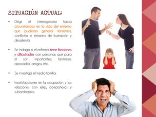 SITUACIÓN ACTUAL:
• Dirigir el interrogatorio hacia
circunstancias en la vida del enfermo
que pudieran generar tensiones,
conflictos o estados de frustración y
desaliento.
• Se indaga si el enfermo tiene fricciones
y dificultades con personas que para
él son importantes; familiares,
asociados, amigos, etc.
• Se investiga el medio familiar.
• Insatisfacciones en la ocupación y las
relaciones con jefes, compañeros y
subordinados.
 